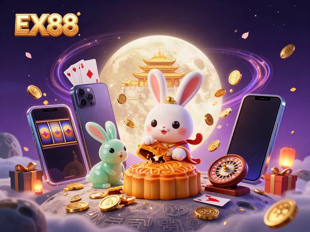Experience the thrill of EX88 with a vibrant, illustrated casino scene featuring gaming elements and folklore characters.