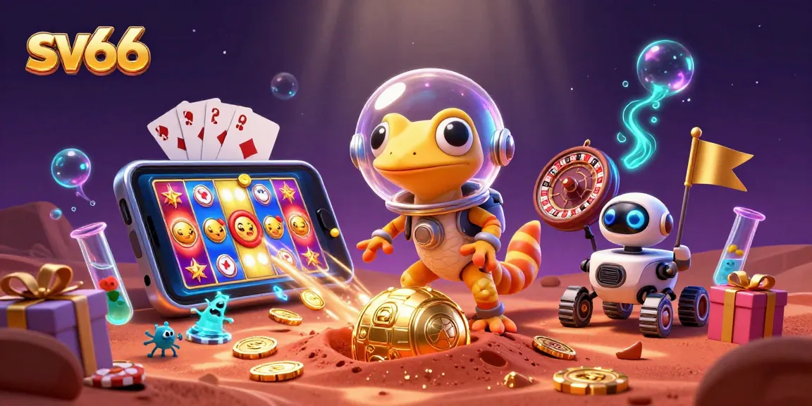 Engage with sv66's vibrant gaming adventure featuring a Martian gecko exploring an alien casino.