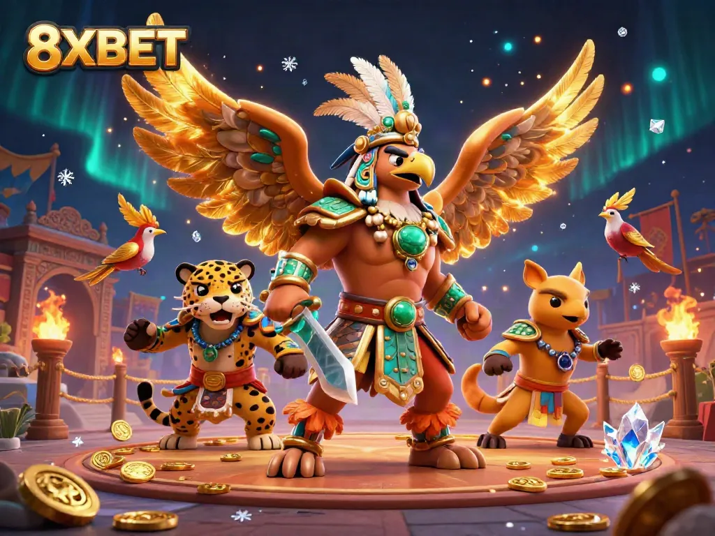 Visualize thrilling gaming tactics with the 8XBET Aztec warriors in a vibrant casino showdown.