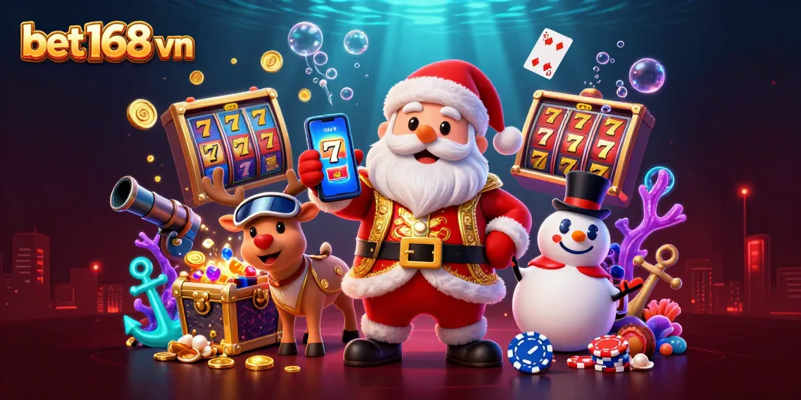 Experience lively gaming action at bet168 vn with Santa, his reindeer, and a snowman in a vibrant casino setting
