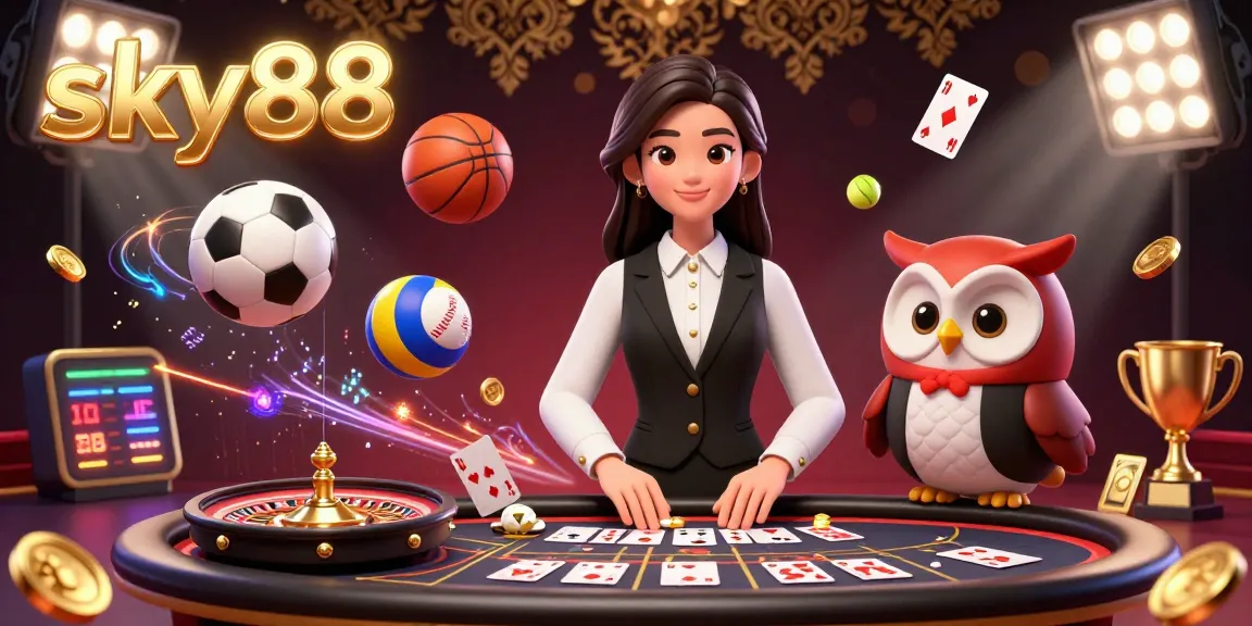 Experience the thrill of betting at sky88 with dynamic sports balls, baccarat elements, and a charming dealer duo.