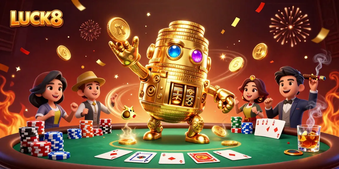 Experience LUCK8 gaming excitement with a dynamic scene of animated characters, poker setups, and vibrant casino elements.