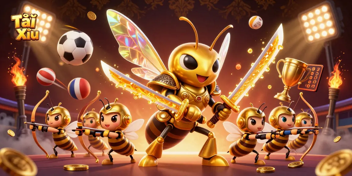 Bet on Tài Xỉu with a vibrant 3D scene featuring a golden hornet warrior and dynamic game elements