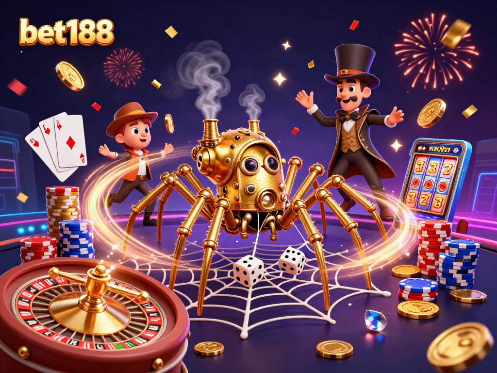Strike it rich with bet188 in this dynamic casino scene featuring steampunk characters and gaming elements.