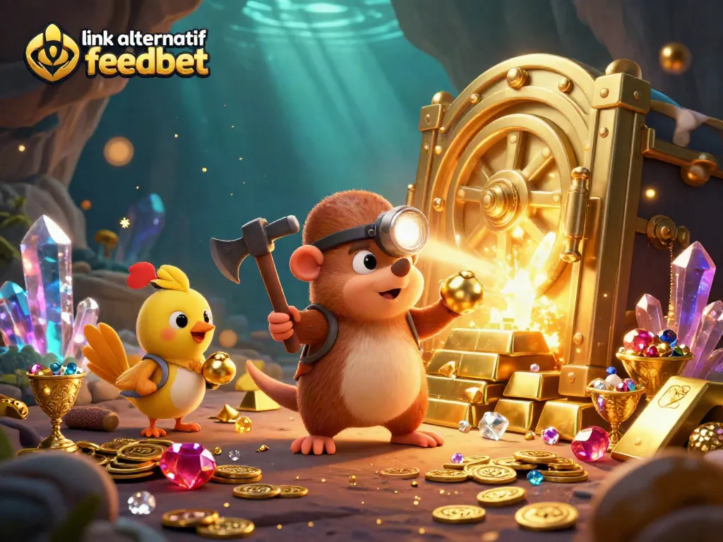 Immerse in the world of link alternatif feedbet as a treasure hunter unveils golden riches in a vibrant casino-themed illustration.