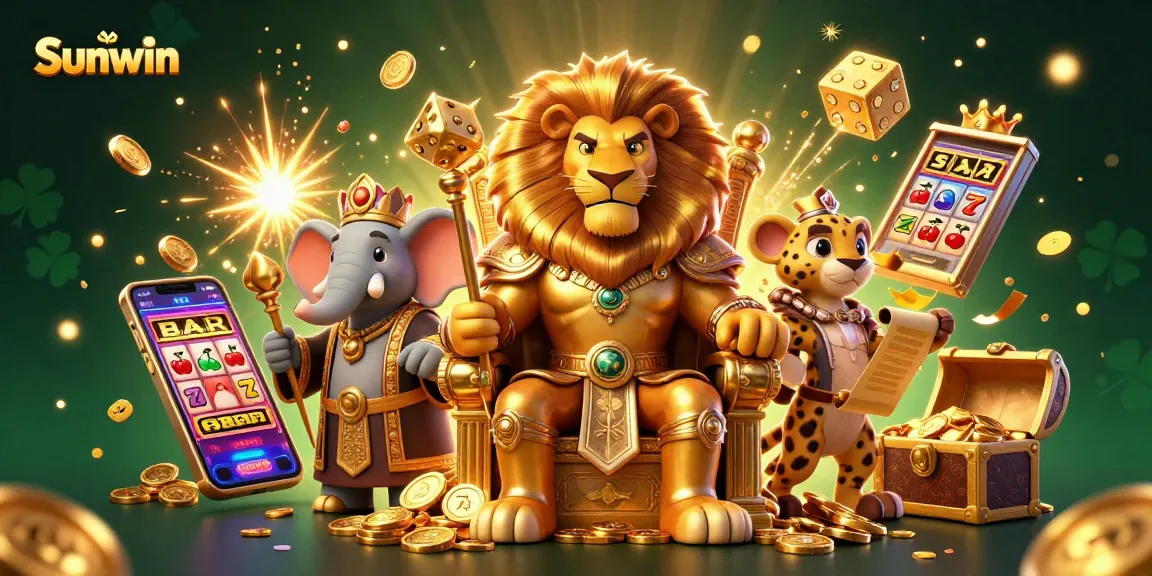 Sunwin unleashes excitement in this vibrant 3D casino scene with a lion king, wise elephant, and cheetah messenger.