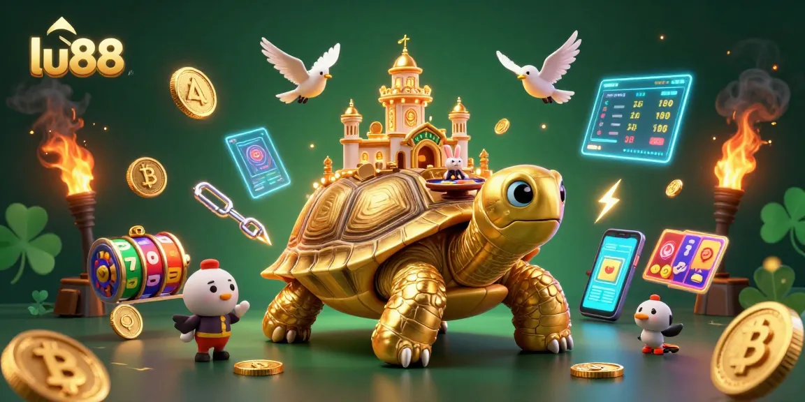 lu88 casino scene featuring a giant golden tortoise and a rabbit dealer amidst crypto elements and slot games.