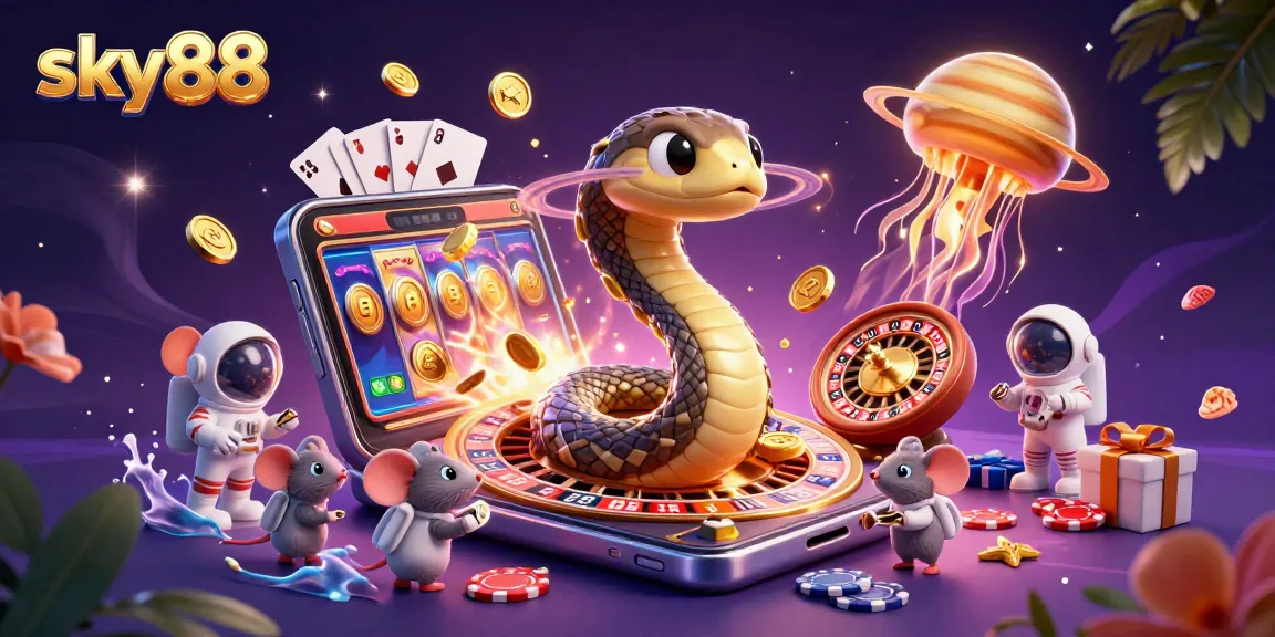 Engage with sky88's vibrant cosmic casino scene featuring astronaut mice betting on roulette rings.