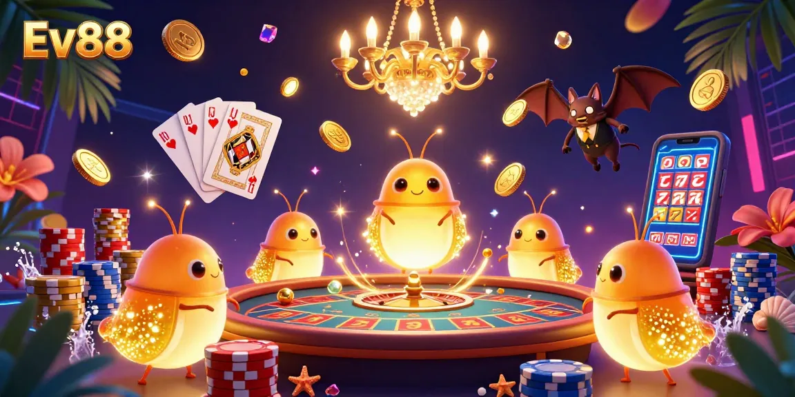 Engage with Ev88’s thrilling casino experience featuring animated glowworms and a bat dealer.