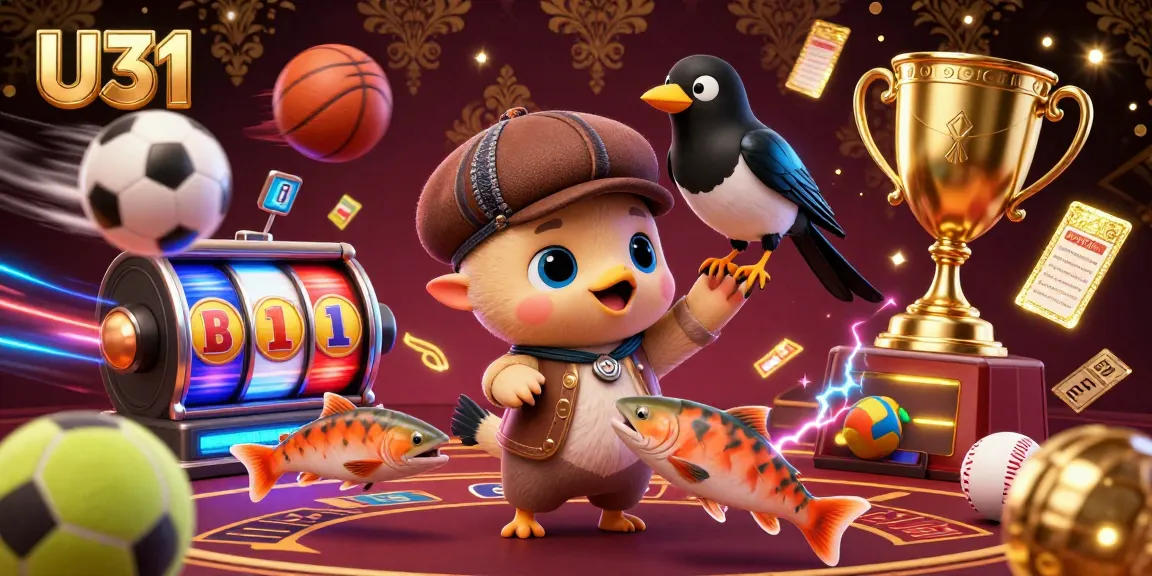 Join the excitement at U31 with colorful slot reels and dynamic sports balls in a vibrant casino scene.