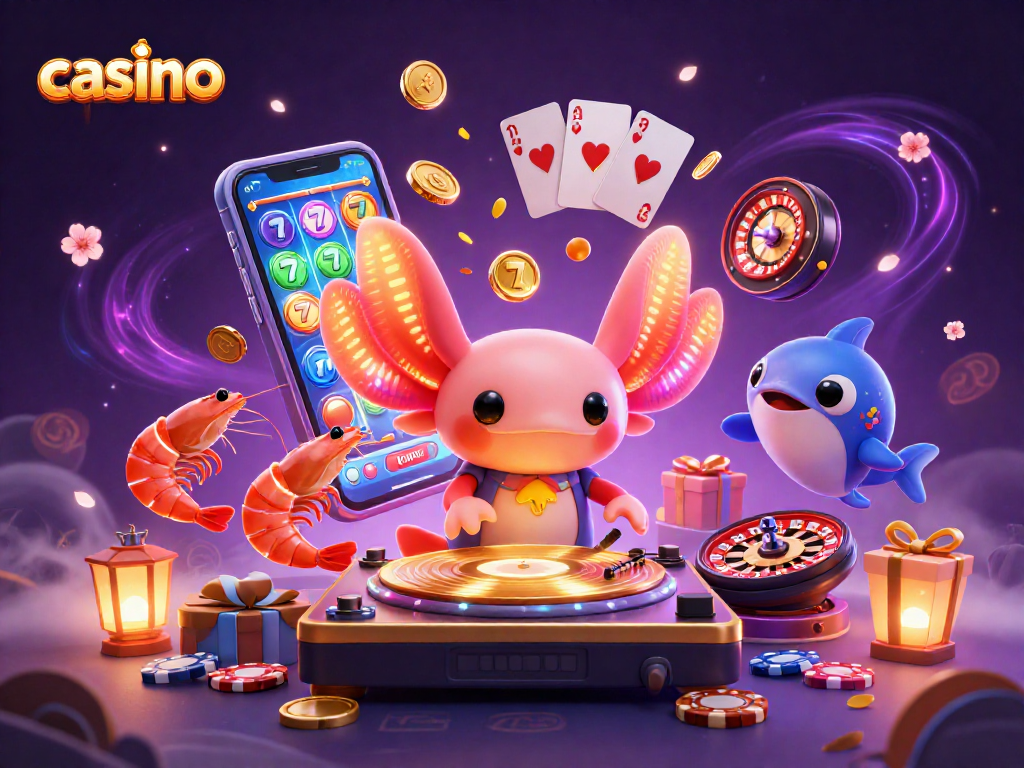 Experience casino excitement with a vibrant 3D scene featuring an axolotl DJ, shrimp dancers, and slot game elements.