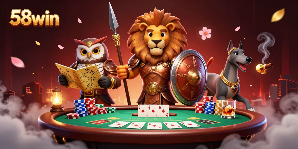 Engage with 58win in a lively poker scene featuring a Spartan lion and golden owl strategist.