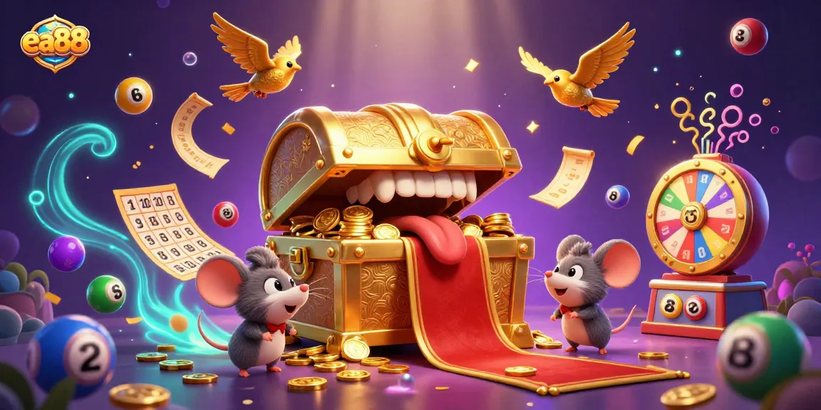 ea88 captures the thrill of the casino with a vibrant lottery scene featuring bouncing balls, a treasure chest, and confetti.