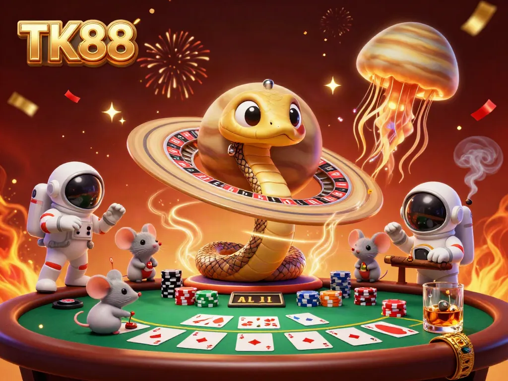 Bet on the TK88 roulette wheel with cosmic characters and vibrant casino elements.