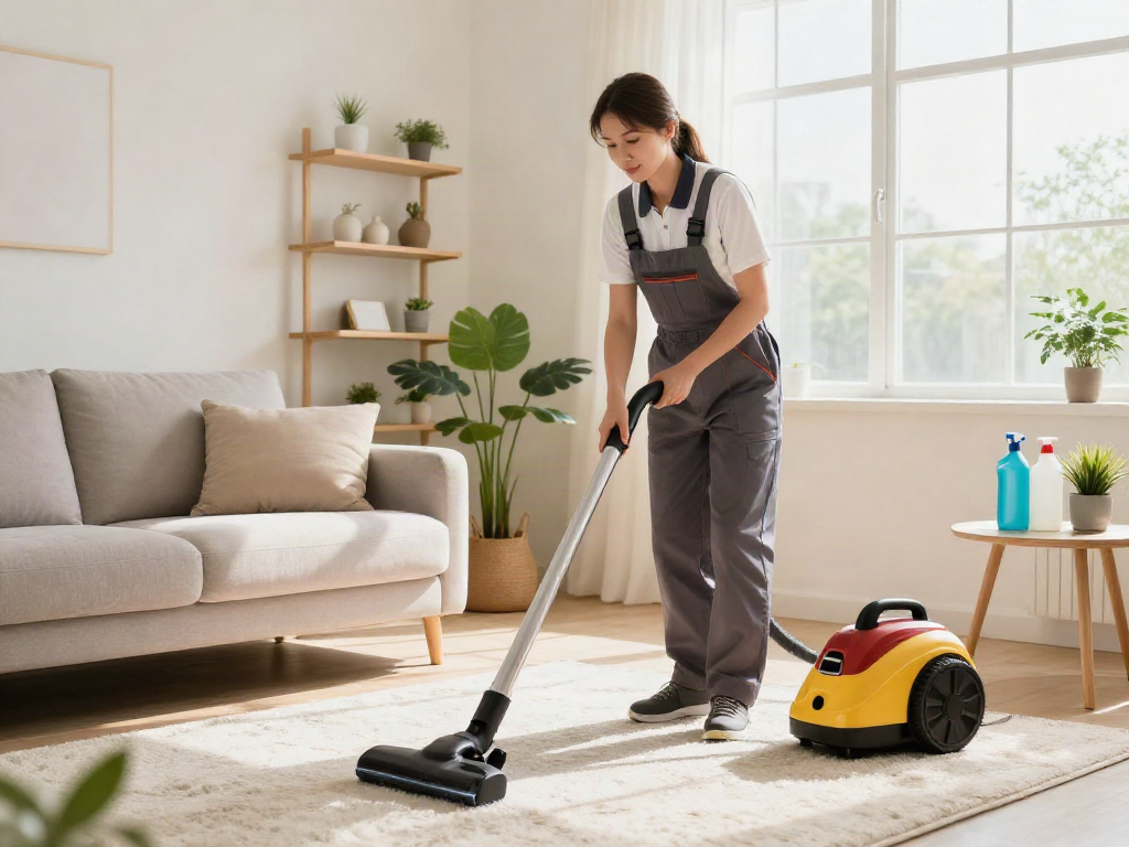 Cleaner using vacuum in bright living room showcasing depo 10k clean spaces.