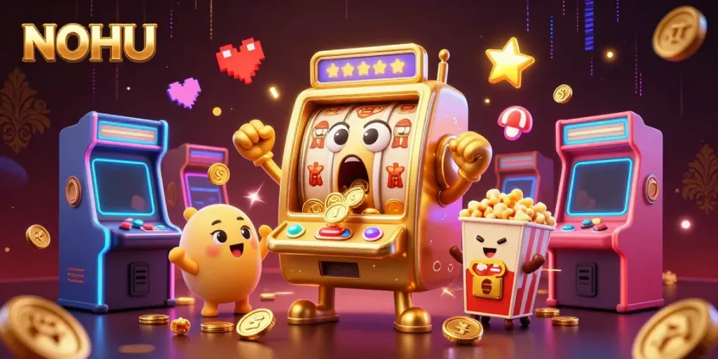 NOHU slot machine hits a jackpot, coins pouring out, surrounded by cheering machines.