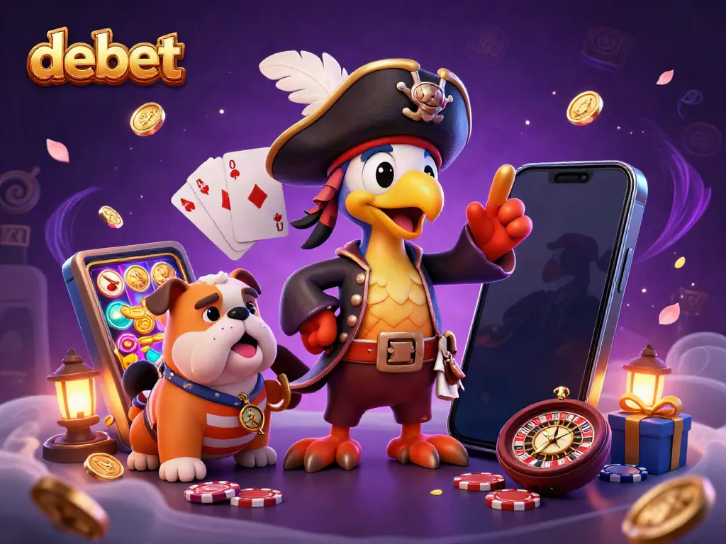 Engaging debet online casino scene illustrating a pirate parrot, bulldog, and cat amidst colorful slot games and coins.