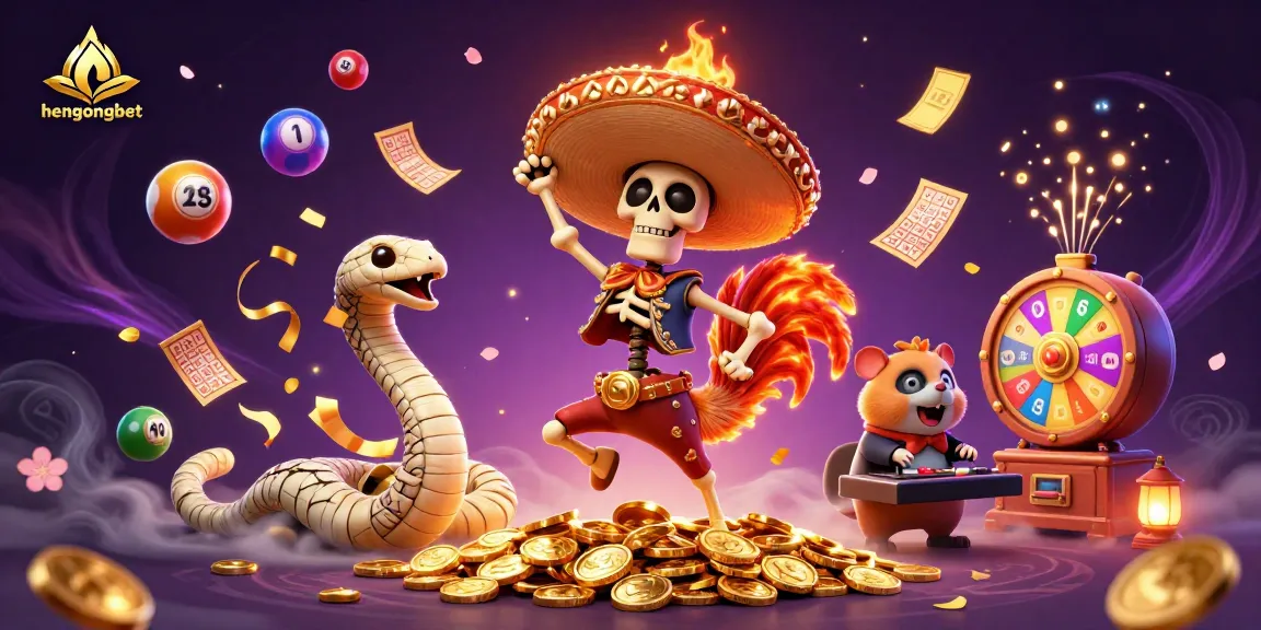 Experience hengongbet's vibrant gaming world with animated characters celebrating fortune amidst colorful lottery elements.