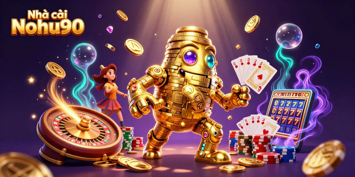 Experience thrilling gaming with Nhà cái Nohu90's vibrant 3D casino illustration showcasing enchanted winning elements.