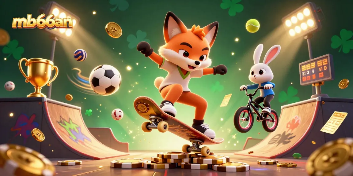 Visualize mb66an as a vibrant casino-themed scene with animated fox and rabbit engaging in sports!