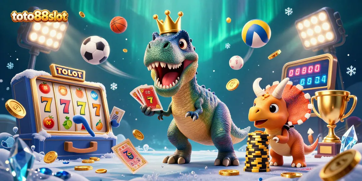 Experience thrilling gameplay at toto88slot with a cartoon dinosaur dealer and stacked golden chips.