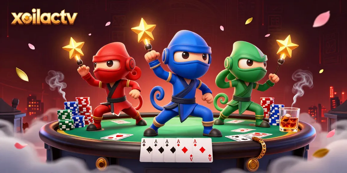 Xoilactv showcases ninja chameleons mastering their poker skills with vibrant game elements and dynamic poses.