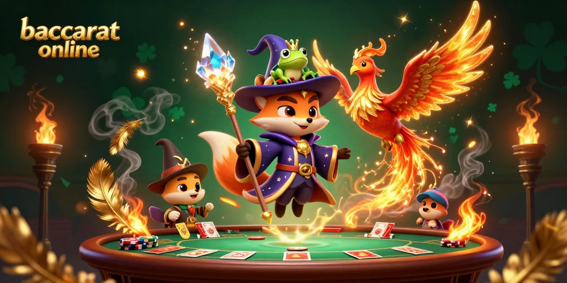 Engage with baccarat online in a mystical setting featuring a wizard fox, phoenix, and enchanted elements.