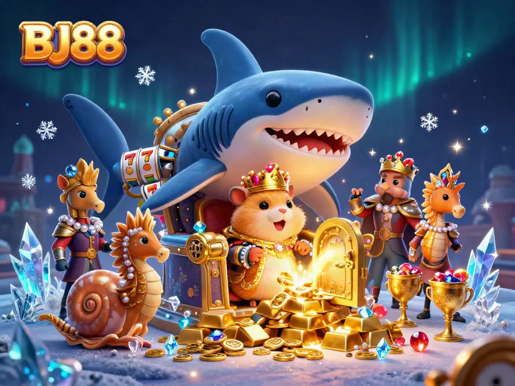 Experience the vibrant BJ88 scene with the golden hamster king among slot game treasures.