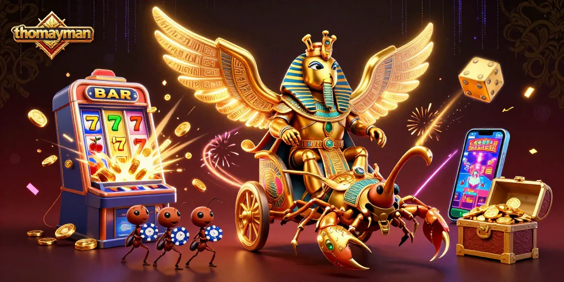 thomayman showcases an exciting slot machine jackpot explosion with vibrant casino elements and characters.