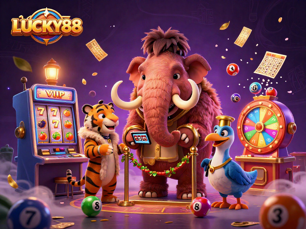 Join the thrilling action of LUCKY88 with vibrant slot machines and festive characters!