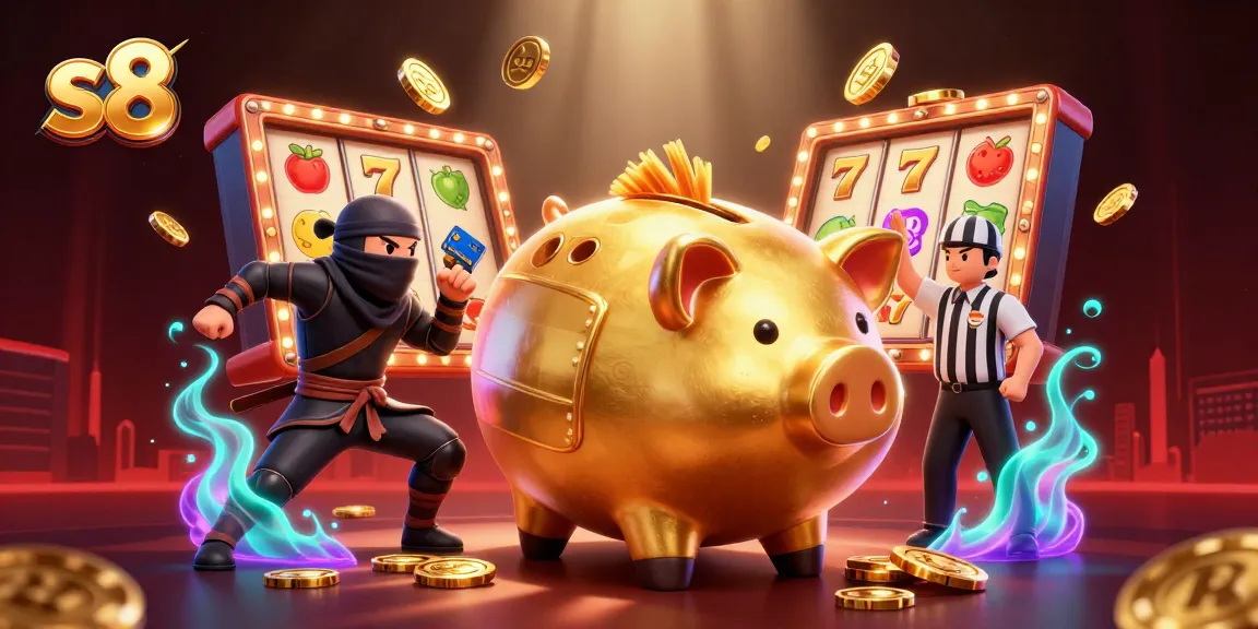 S8 offers exciting gameplay as a golden piggy bank gets ready to stomp, surrounded by vibrant casino symbols.