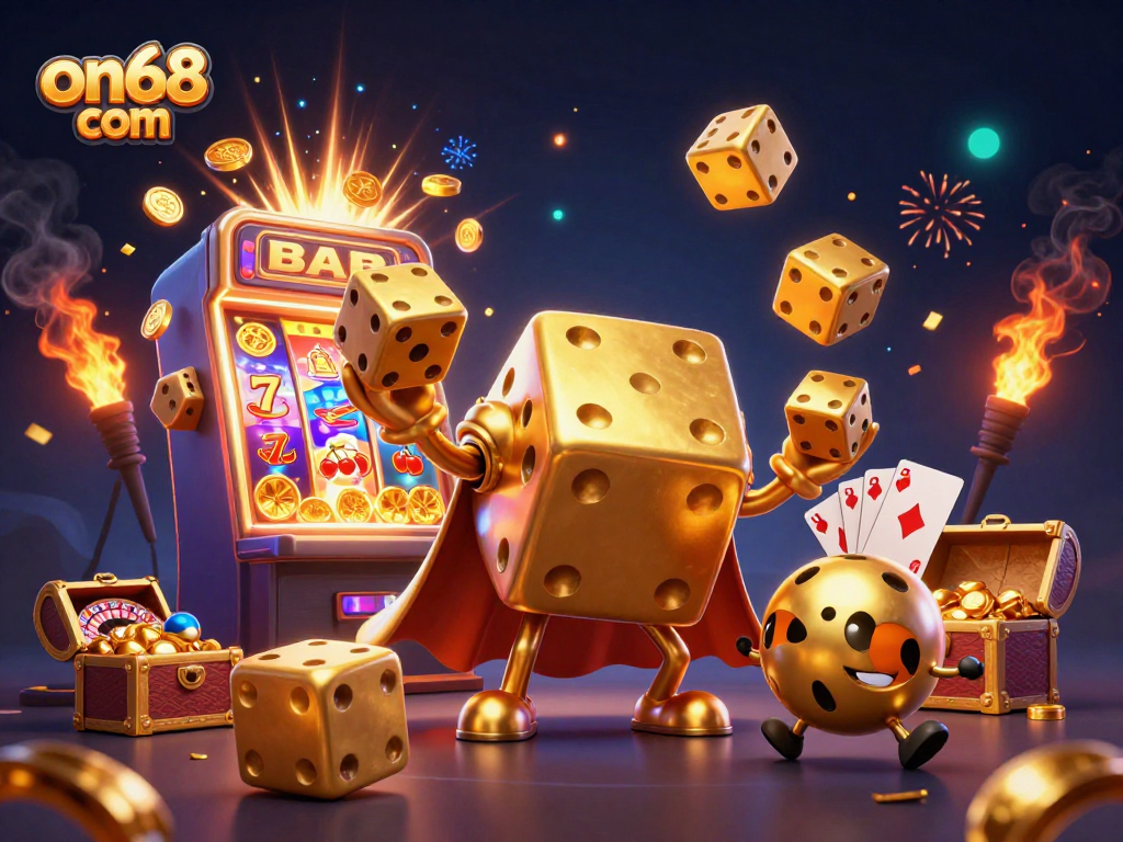 Experience exciting gameplay with on68 com featuring a vivid 3D golden dice golem and vibrant casino elements.