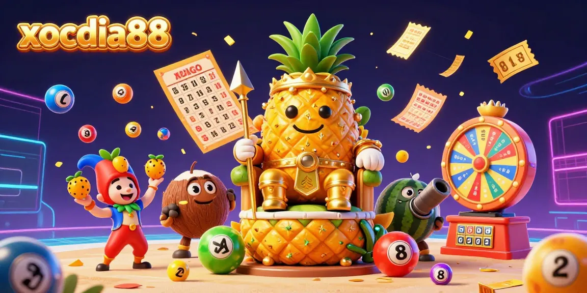 xocdia88 showcases a vibrant casino scene with characters celebrating big wins amidst floating lottery elements.