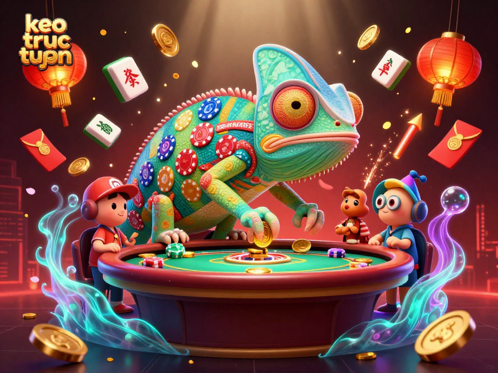 Bet and win at keo truc tuyen with vibrant gaming elements and dynamic chameleon character.