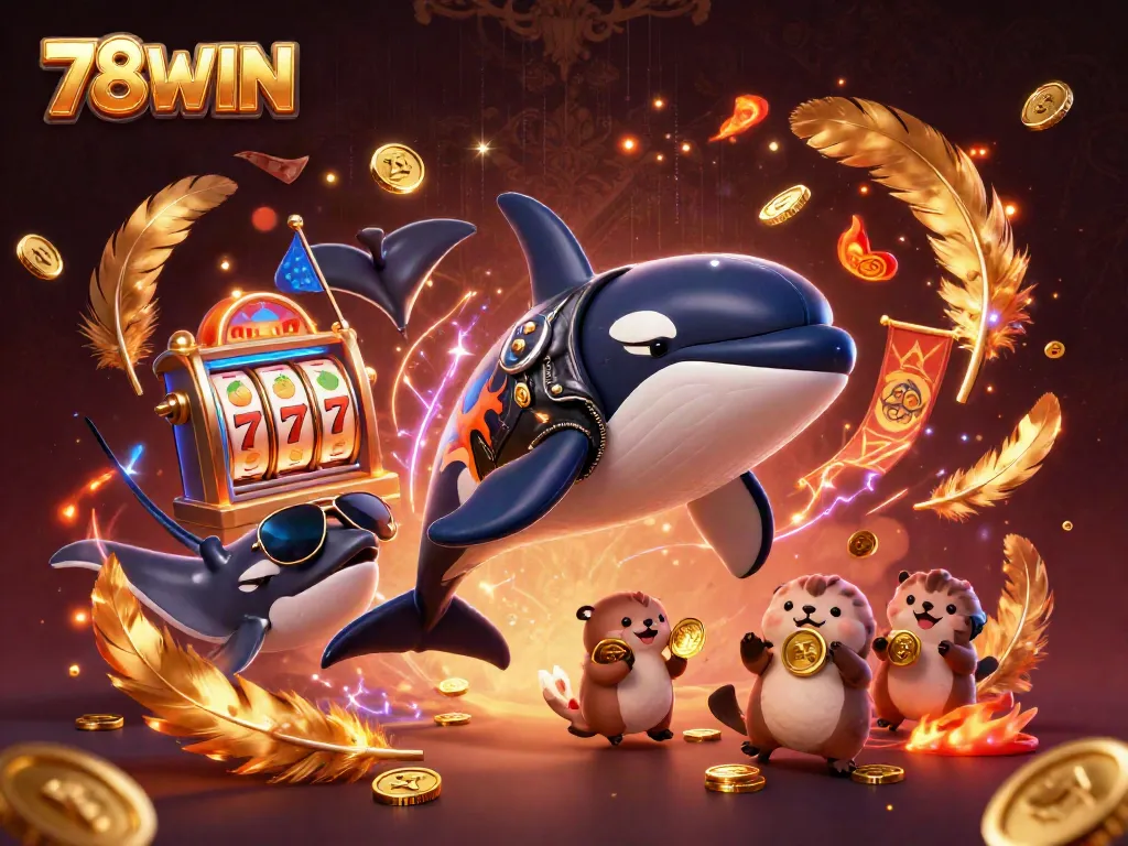 Engage in thrilling slots action at 78WIN with a dynamic underwater casino scene featuring an orca and otters.