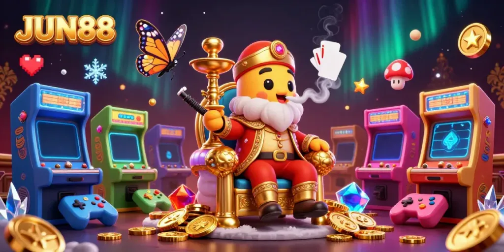 Experience the vibrant JUN88 gaming world featuring a caterpillar master, colorful machines, and opulent details.