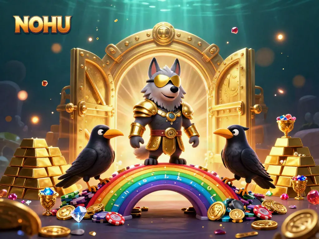Engage with thrilling slots at NOHU, alongside vibrant casino elements and Norse mythology characters.