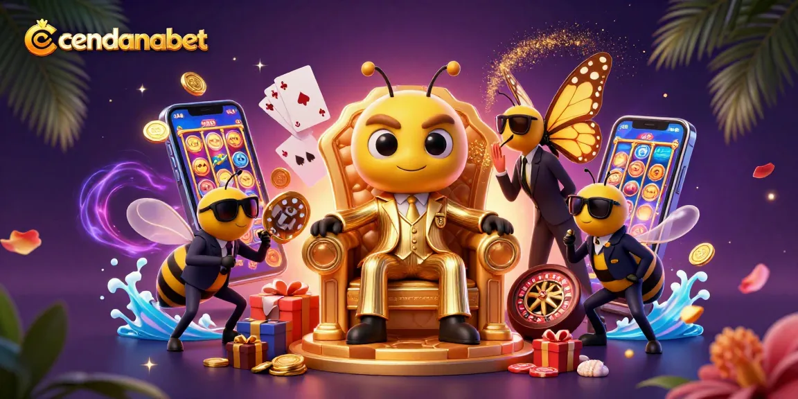 Cendanabet offers immersive gaming experiences with vibrant slot games and dynamic elements in a 3D illustration.