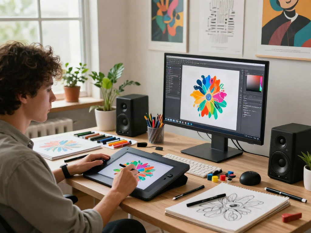 Creating digital art using nsfw ai tools in a vibrant creative studio.