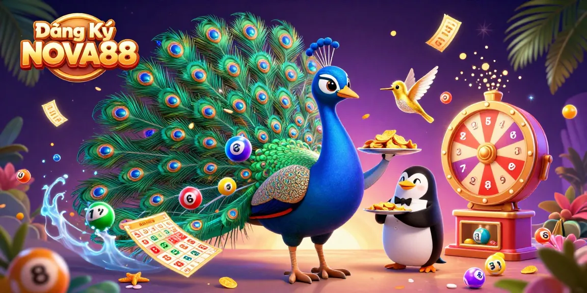 Engage with Đăng Ký NOVA88 as a dynamic 3D casino scene filled with vibrant lottery elements and characters.