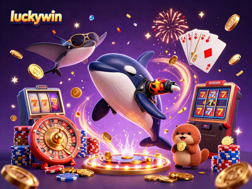 Experience thrilling gameplay with Luckywin's vibrant characters and casino elements in a colorful digital illustration.