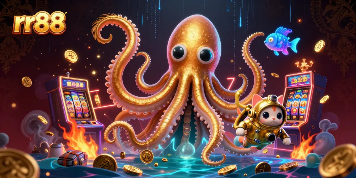 Engage in exciting gameplay with rr88 in a vibrant, treasure-filled 3D casino scene featuring a kraken, diving cat, and slot machine.