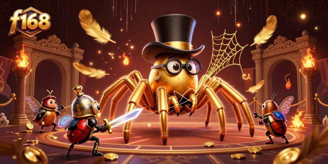 Join the action at f168 with a giant golden tarantula and beetle knight in a vibrant casino scene.