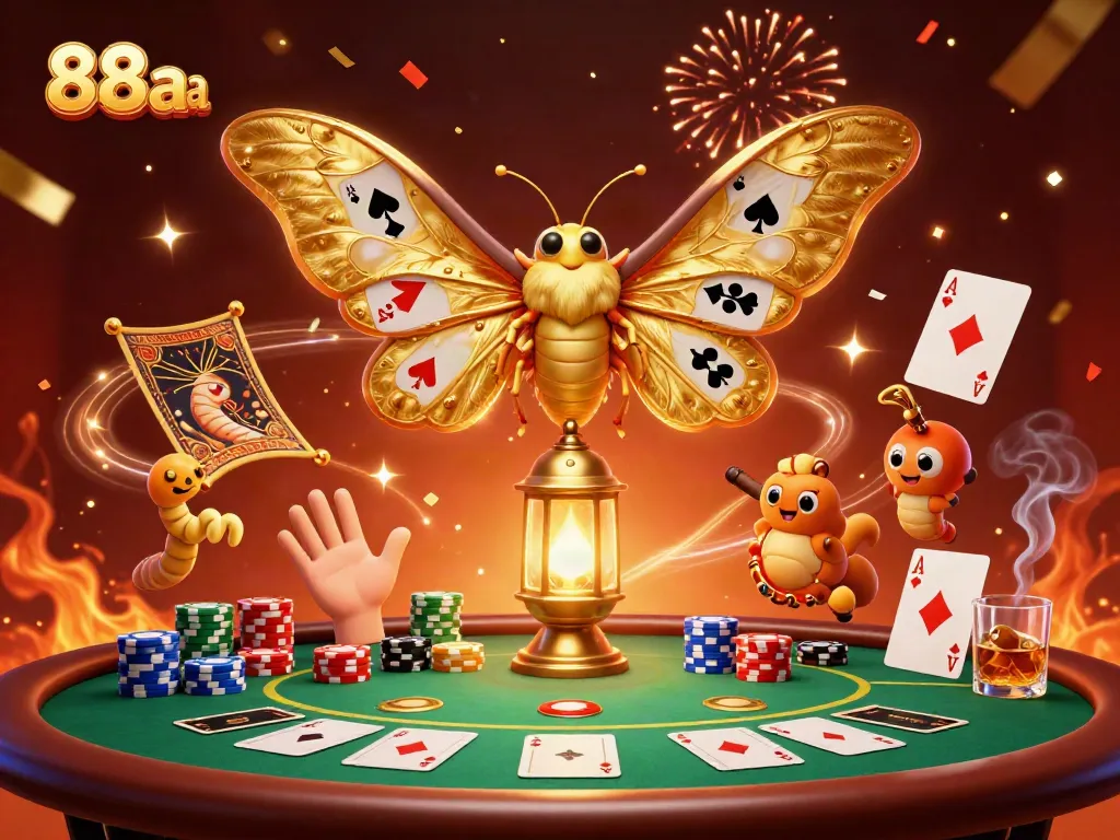 Engage with the vibrant 88aa casino scene, featuring a majestic atlas moth and poker elements.