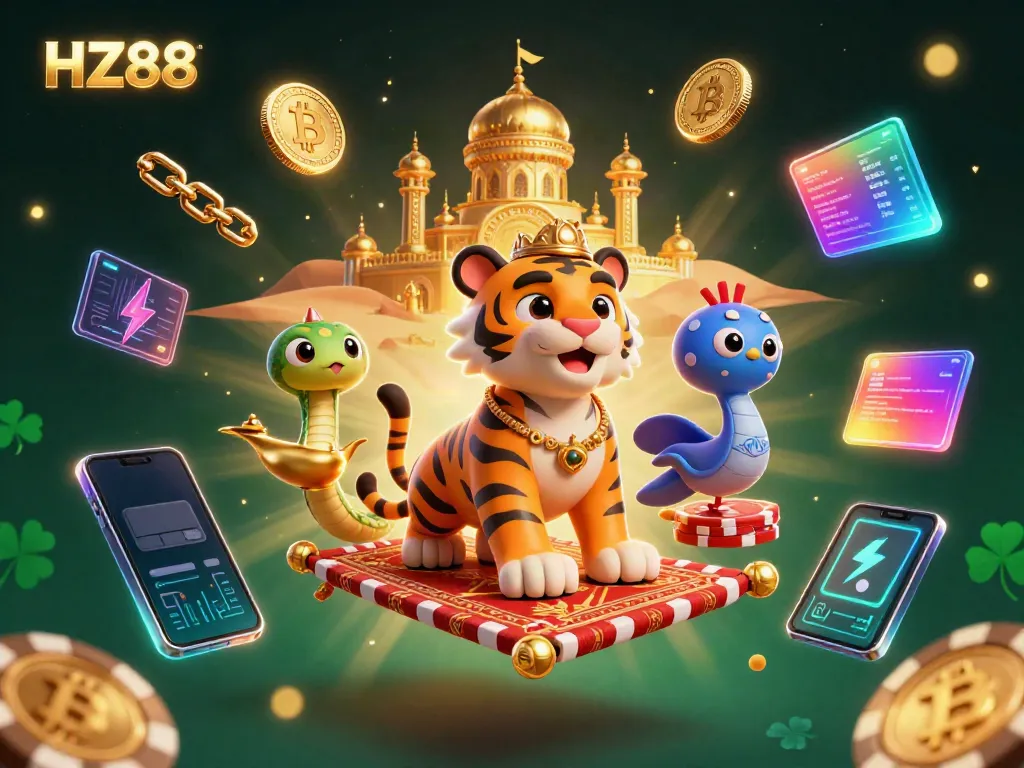 Play and win exciting games at HZ88, featuring vibrant characters and dazzling casino elements.
