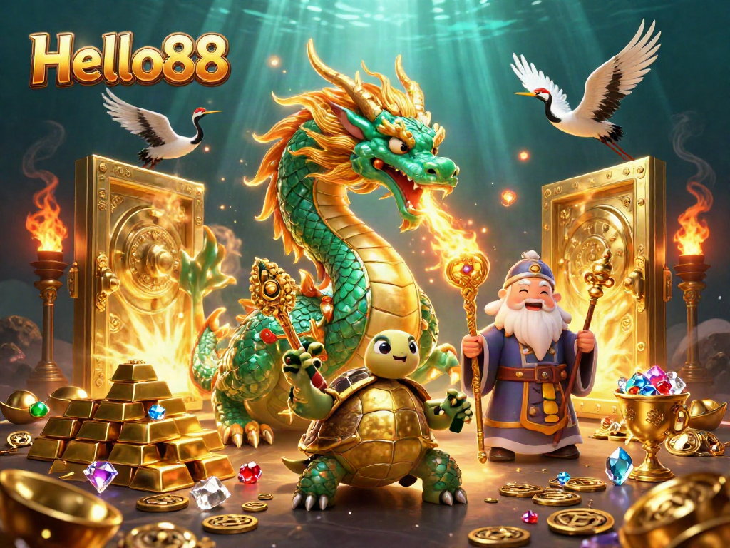 Experience excitement at Hello88 with vibrant casino elements and iconic characters in this dynamic illustration.