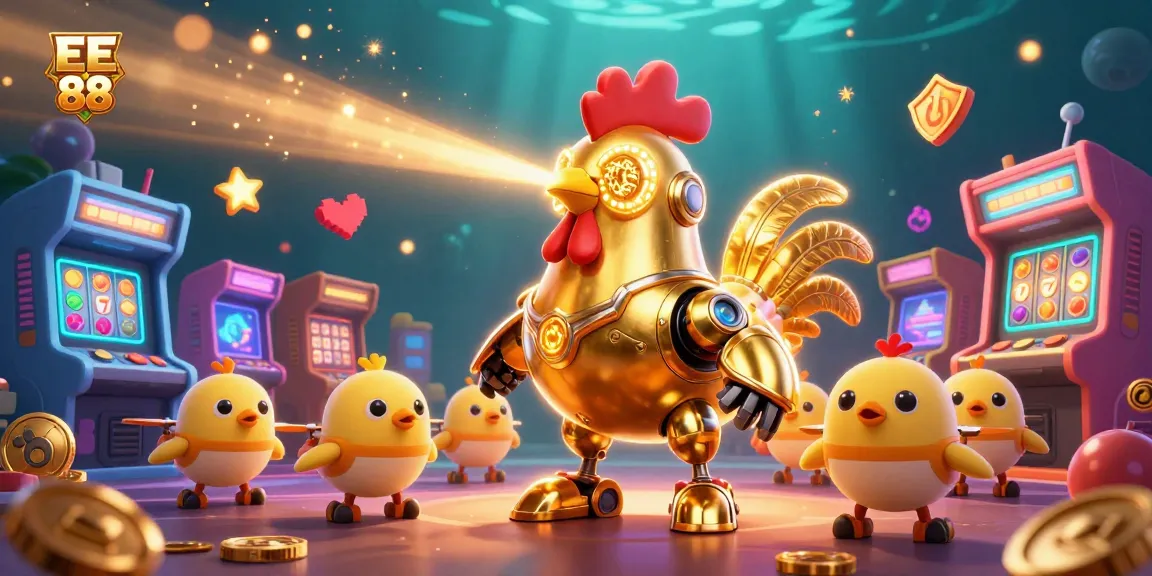 Engage in thrilling gameplay with EE 88, featuring a golden rooster robot and vibrant casino machines.