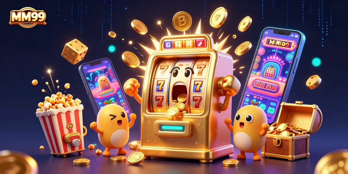 Experience the vibrant MM99 casino atmosphere with a golden slot machine hitting the jackpot in a detailed illustration.