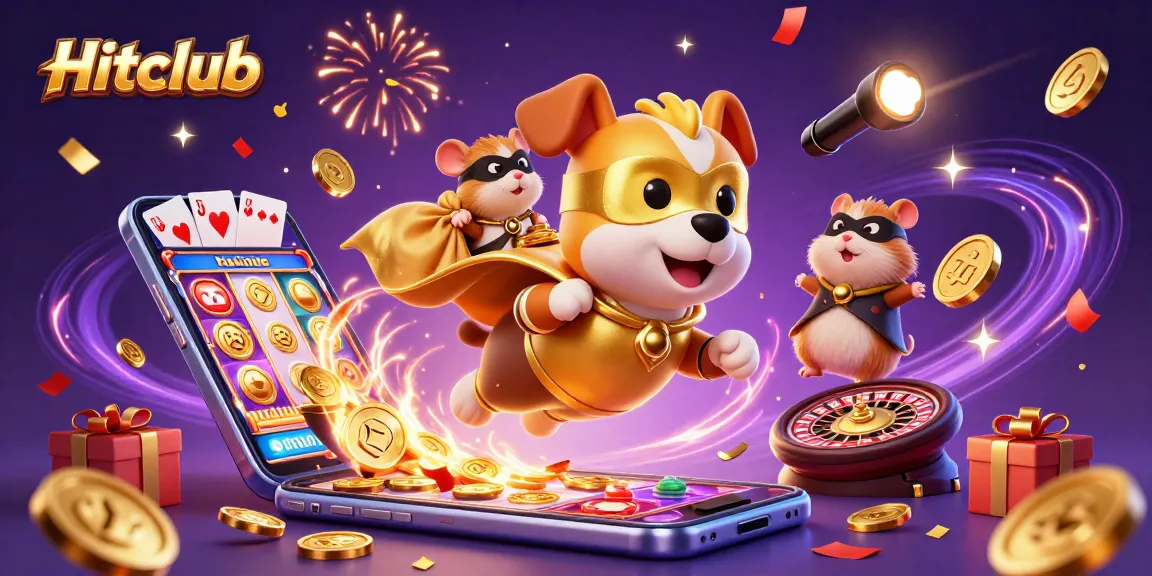 Hitclub features an energetic scene with a superhero dog and colorful casino elements, embodying vibrant gambling excitement.