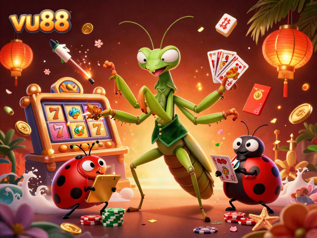 vu88 casino scene with a giant praying mantis, slot reels, and vibrant fireworks.